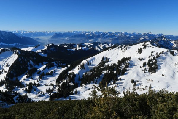 Talblick zur Priener Hütte, Oberkaseralm, Mühlhornwand